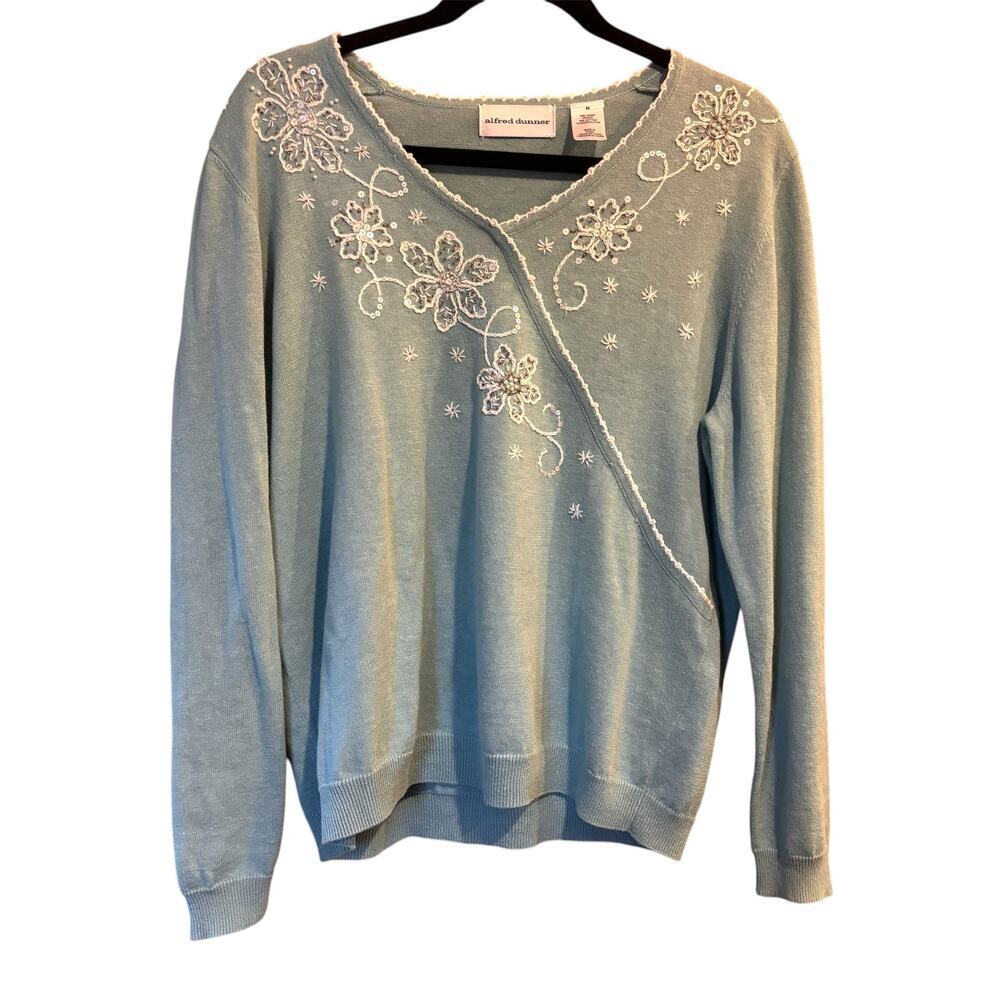 Vintage 90s Alfred Dunner Embroidered Sweater Patina Blue Ramie Cotton Sz Medium